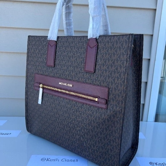 Michael Kors Kenly Tote Large MK Signature Purse Bag Merlot Brown - Picture 3 of 12
